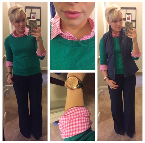 Sweater: JcP, Button-Up: J.Crew Factory, Wide-Leg trousers & Vest: Old Navy, Heels: Just Fab, Lip: NARS Audacious in 'Claudia'
